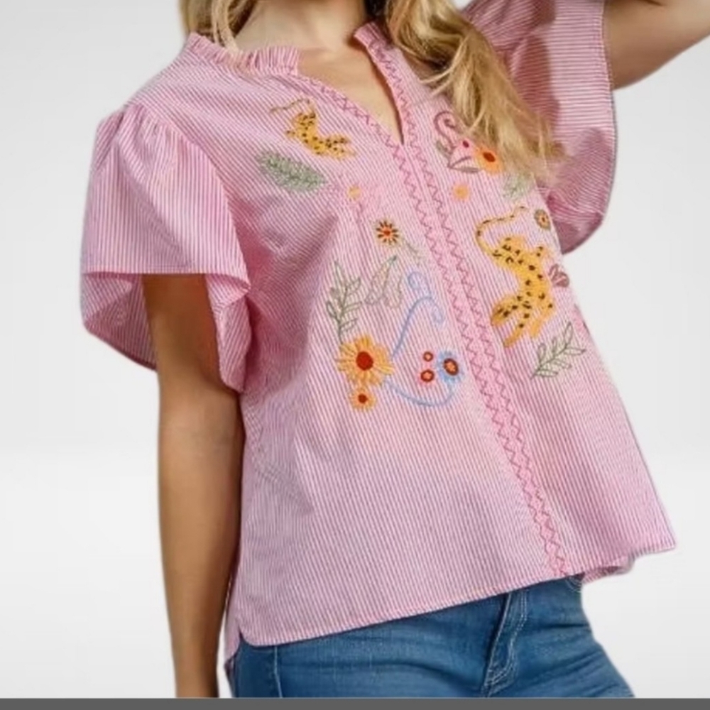 Umgee Pink Embroidered Blouse with Puff Sleeves